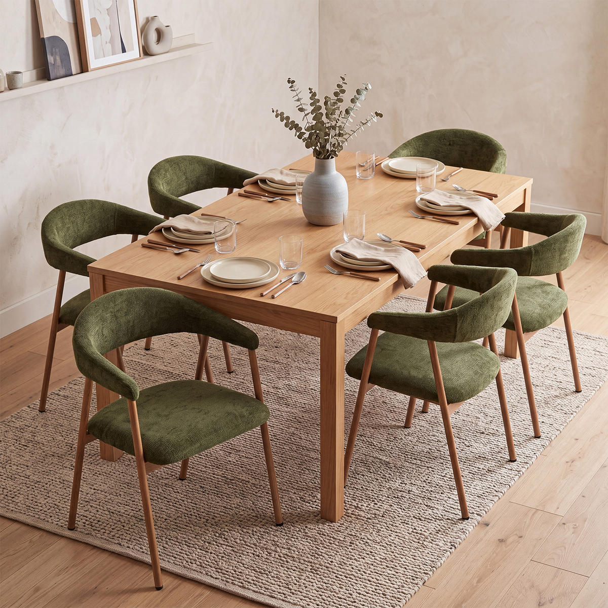 ESSZIMMERSTÜHLE 6er-Set, gepolstert, Chenille, Metallbeine in Holzoptik, Grün - Grün, Textil (61/80.5/59cm) - Meubles Cosy