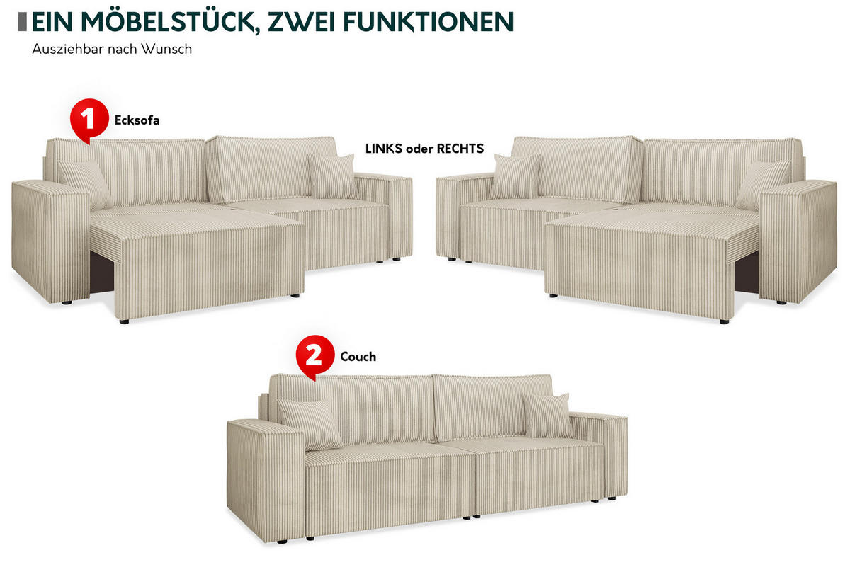 SCHLAFSOFA Karl mit L-Funktion - Creme/Schwarz, Holz/Kunststoff (245/82/139cm) - MIRJAN24