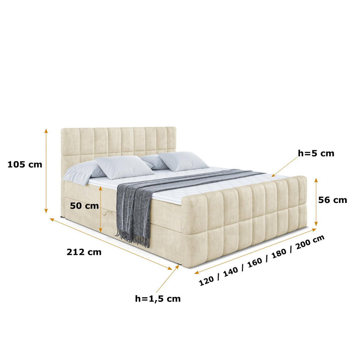 BOXBETT MIAMI-Z - 160x200 cm - H3 - Beige - Beige, Holzwerkstoff (160/200cm) - ALTDECOR