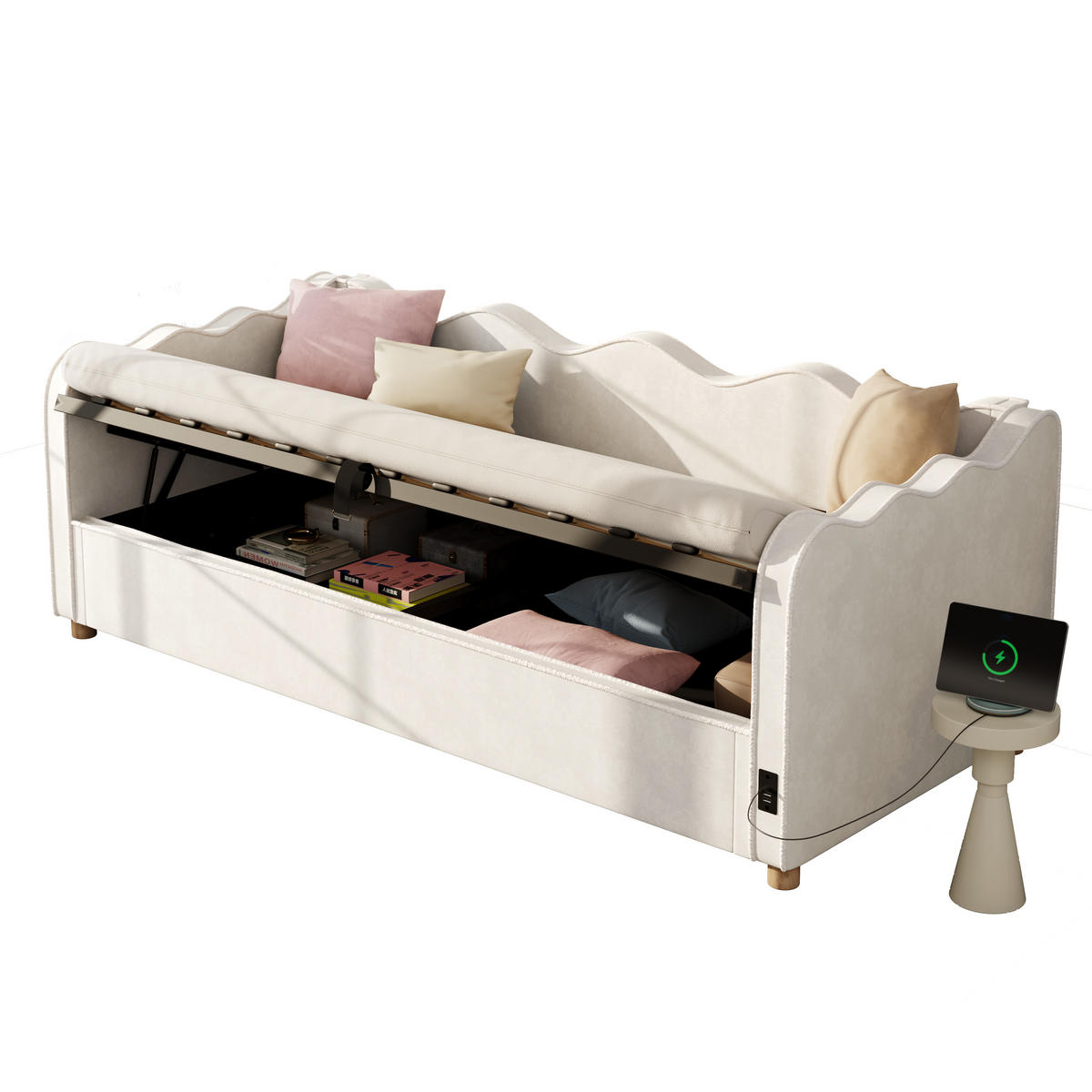 BETT mit Stauraum 90x200 cm Samt Beige - Beige, Metall (90/200cm) - Meubliv