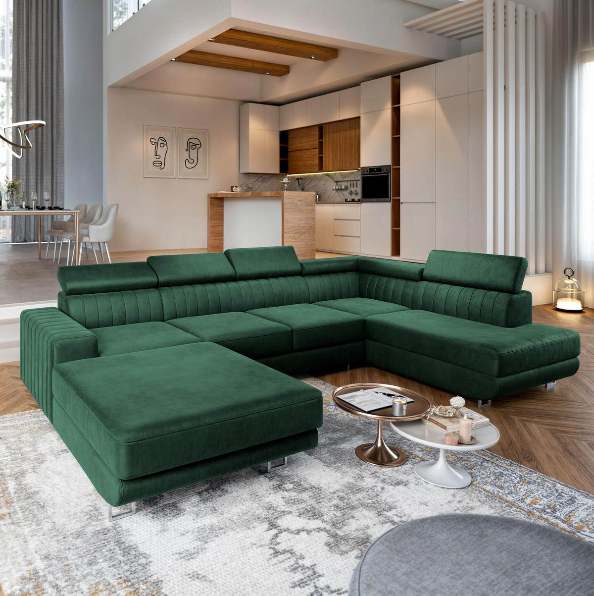 WOHNLANDSCHAFT SIENA R-S Grün Velours-Stoff mit Schlaffunktion - Grün, Holz (335/89/190cm) - MASSENO