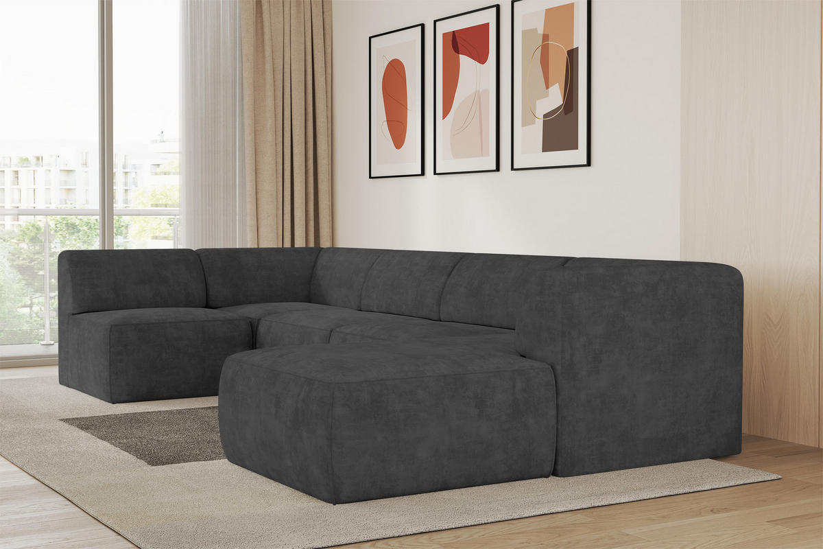 WOHNLANDSCHAFT Ottomane Rechts MOVO-L 345x180x78 cm Dunkelgrau Velours - Eschefarben, Holzwerkstoff/Kunststoff (180/78/345cm) - ALTDECOR