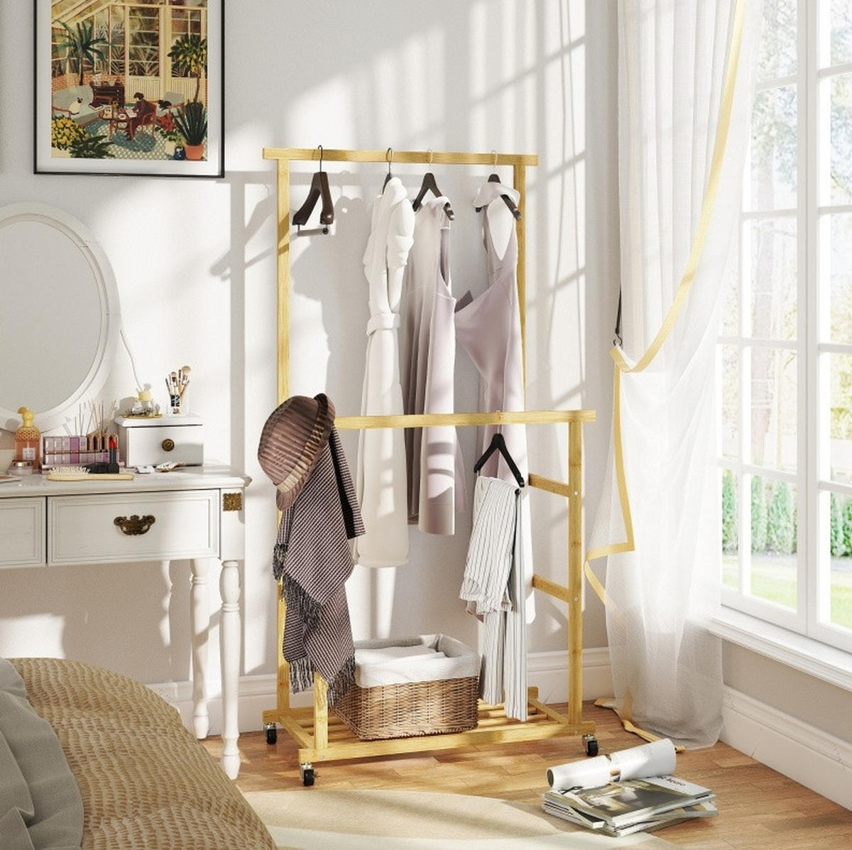 GARDEROBENSTÄNDER 80/40/160 cm aus Bambus mit 2 Kleiderstangen und Schuhablage - Naturfarben, Naturmaterialen (80/160/40cm) - BEAOK