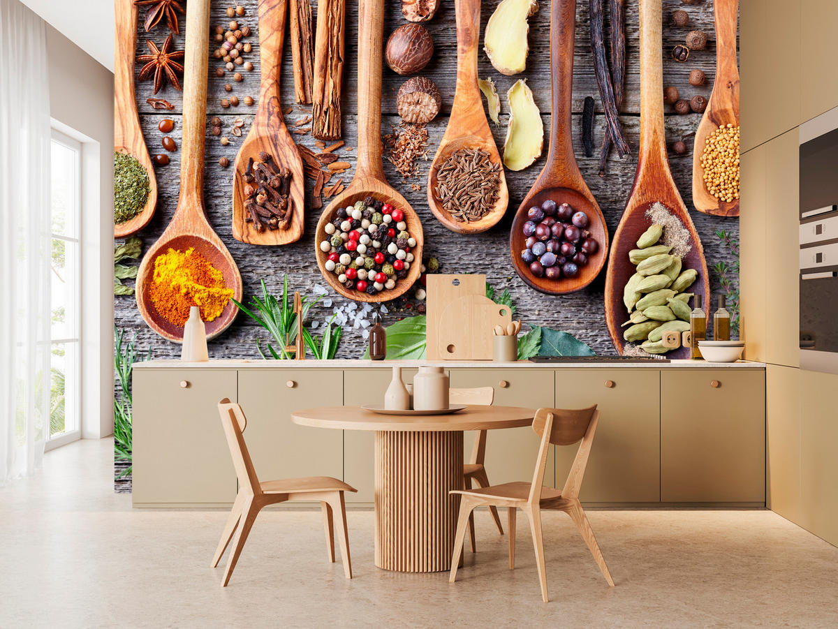 FOTOTAPETE für Küche Kräuter Gewürze Holzlöffel Tisch 200x140 - Gelb/Beige, Papier (200/140cm) - Muralo