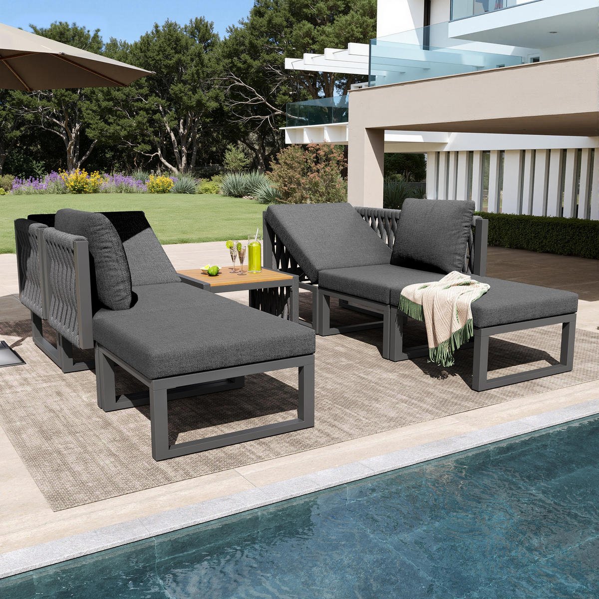 GARTENLOUNGE-SET 60/60/83 cm grau aus Metall und Polyester mit 5-fach verstellbaren Rückenlehnen - Braun, Metall - OKWISH
