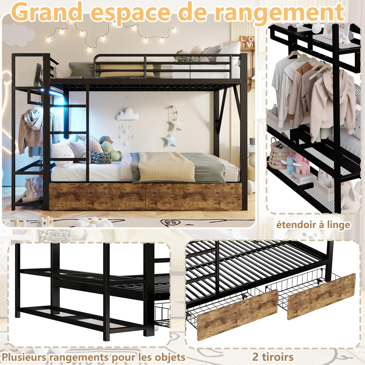 ETAGENBETT 140/200 cm aus Metall mit LED-Lichtleiste, Schubladen, Schwarz - Schwarz, Metall (140/200cm) - OKMYHOME