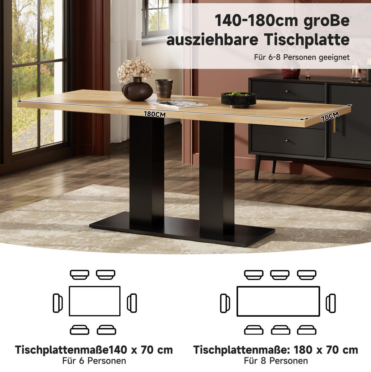 ESSTISCH 140/180/70 cm aus MDF mit Ausziehfunktion und 30 mm Tischplatte, Natur - Hellbraun/Schwarz, Holzwerkstoff (180/70/75cm) - Redom