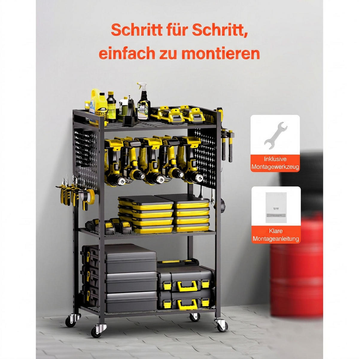 GERÄTEHALTER 4 Ebenen-Rollbarer Bohrmaschinenhalter 68kg Tragkraft Schwarz - Schwarz, Metall (10/10/10cm) - Raelunyi