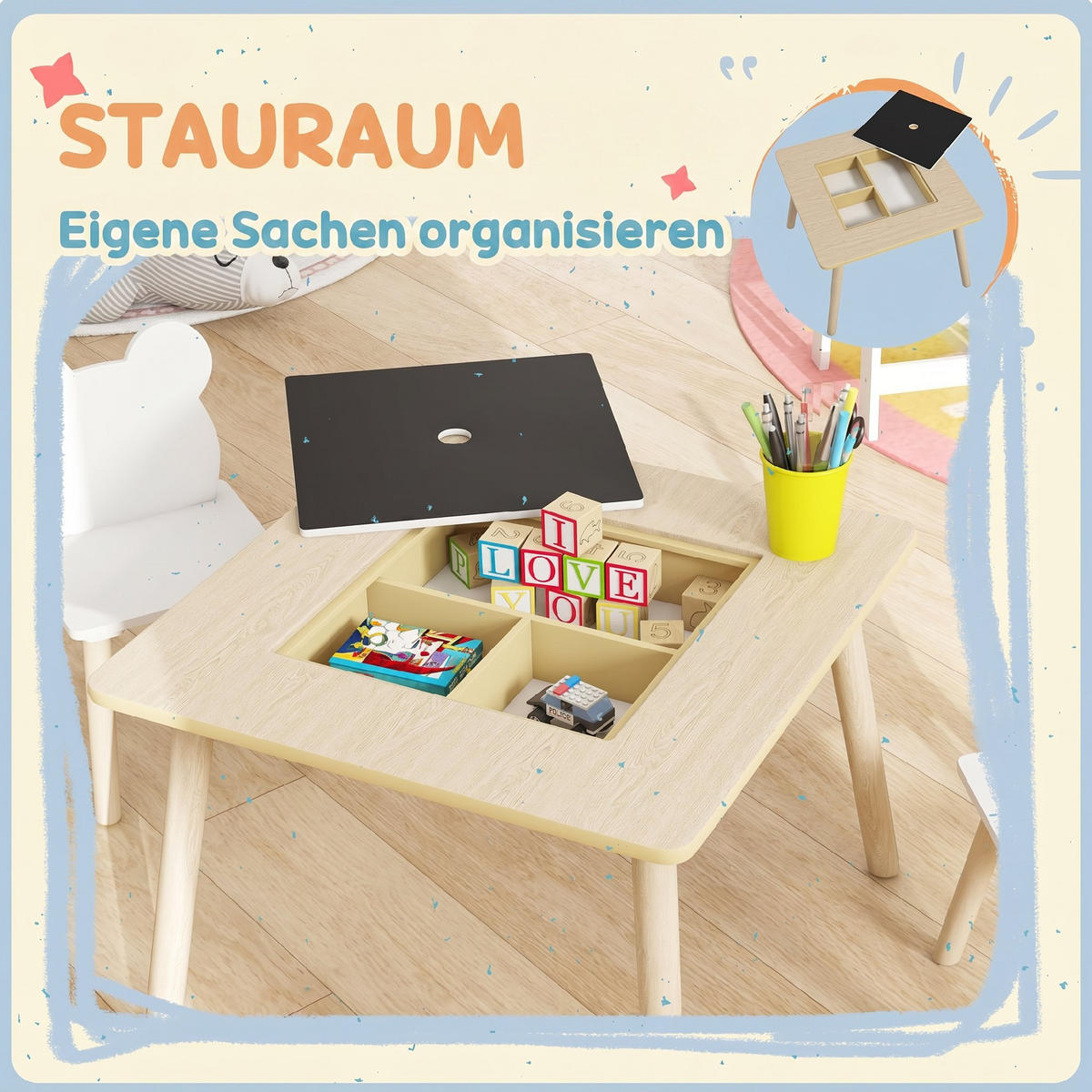 KINDER-TISCH-STUHL-SET 3er Set MDF Naturholz - Weiß/Naturfarben, Holz/Holzwerkstoff (60/44/60cm) - AIYAPLAY