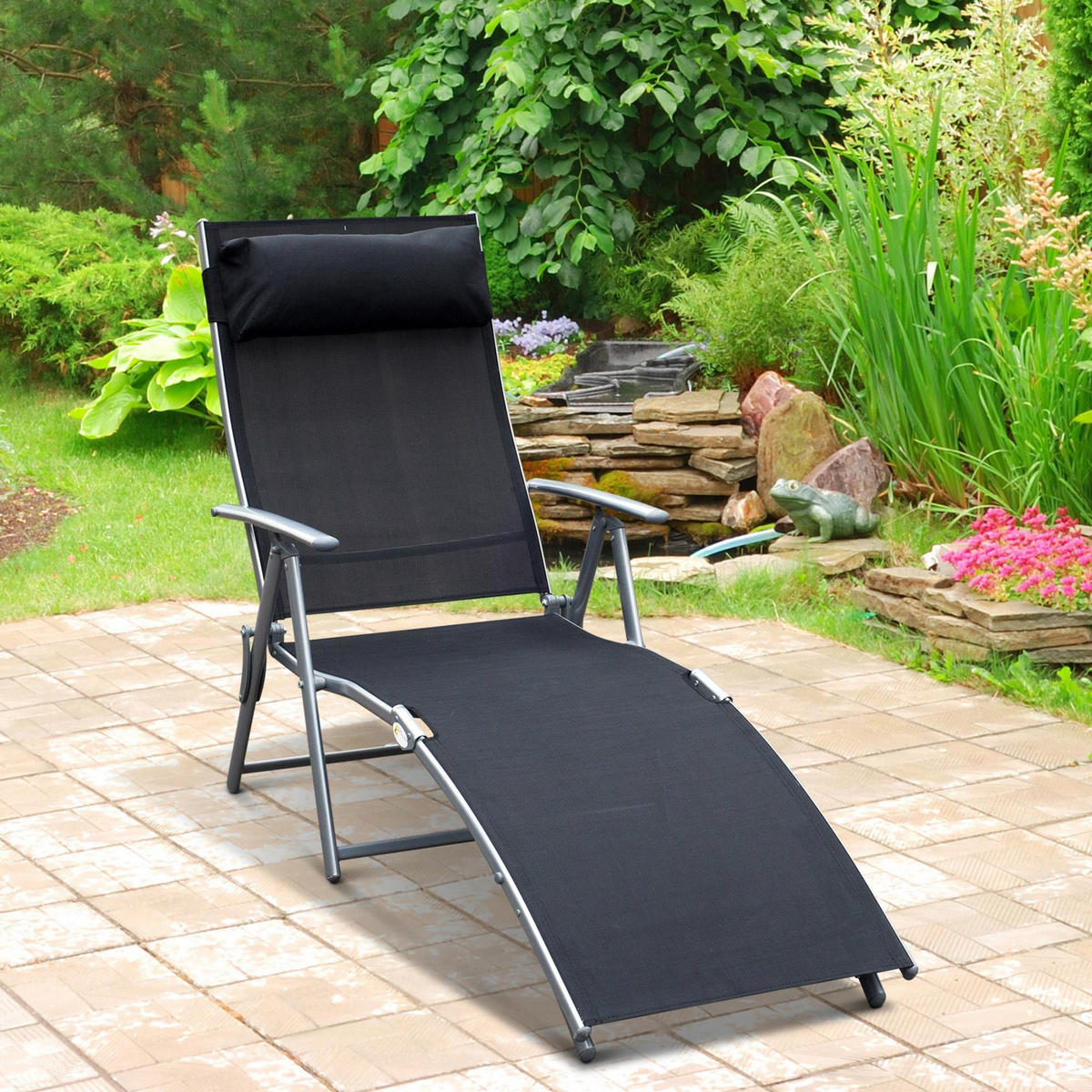 SONNENLIEGE, klappbar mit Kissen, Metall+Stoff, Schwarz, 137 x 63,5 x 100,5 cm - Schwarz, Metall (63.5/100.5/137cm) - Outsunny