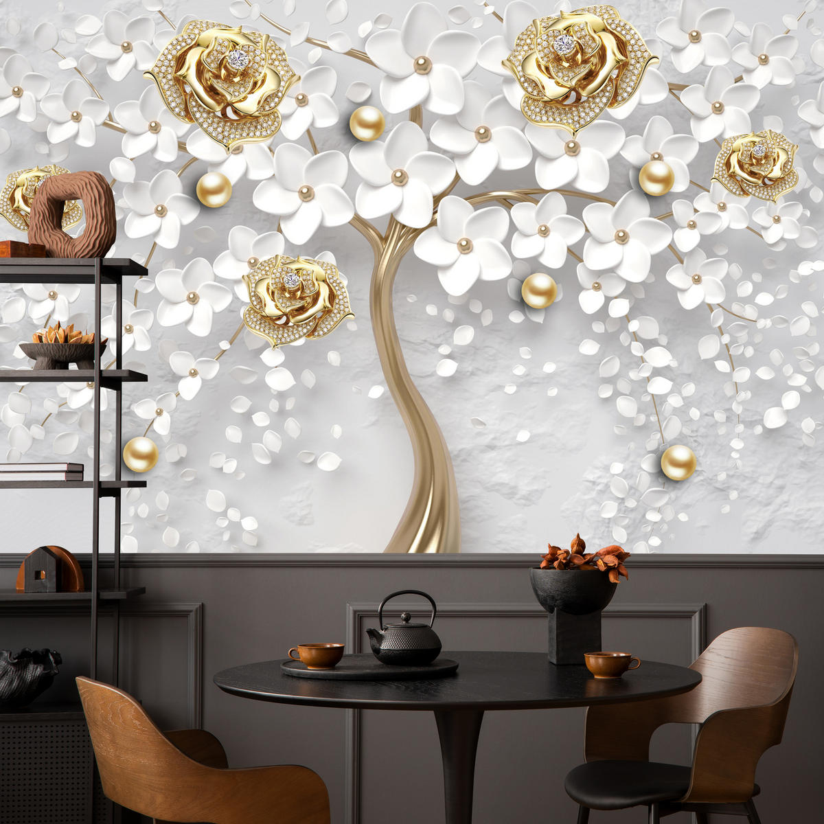 FOTOTAPETE für Wohnzimmer Abstrakte Rosen Baum Blumen Räumliche Äste Zweige 100x70 - Gelb/Weiß, Papier (100/70cm) - Muralo