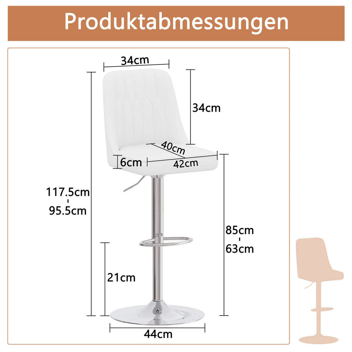 BARHOCKER höhenverstellbar & 360° drehbar 2er-Set Weiß/Silber - Silberfarben, Metall (44/117.5/44cm) - Meubliv