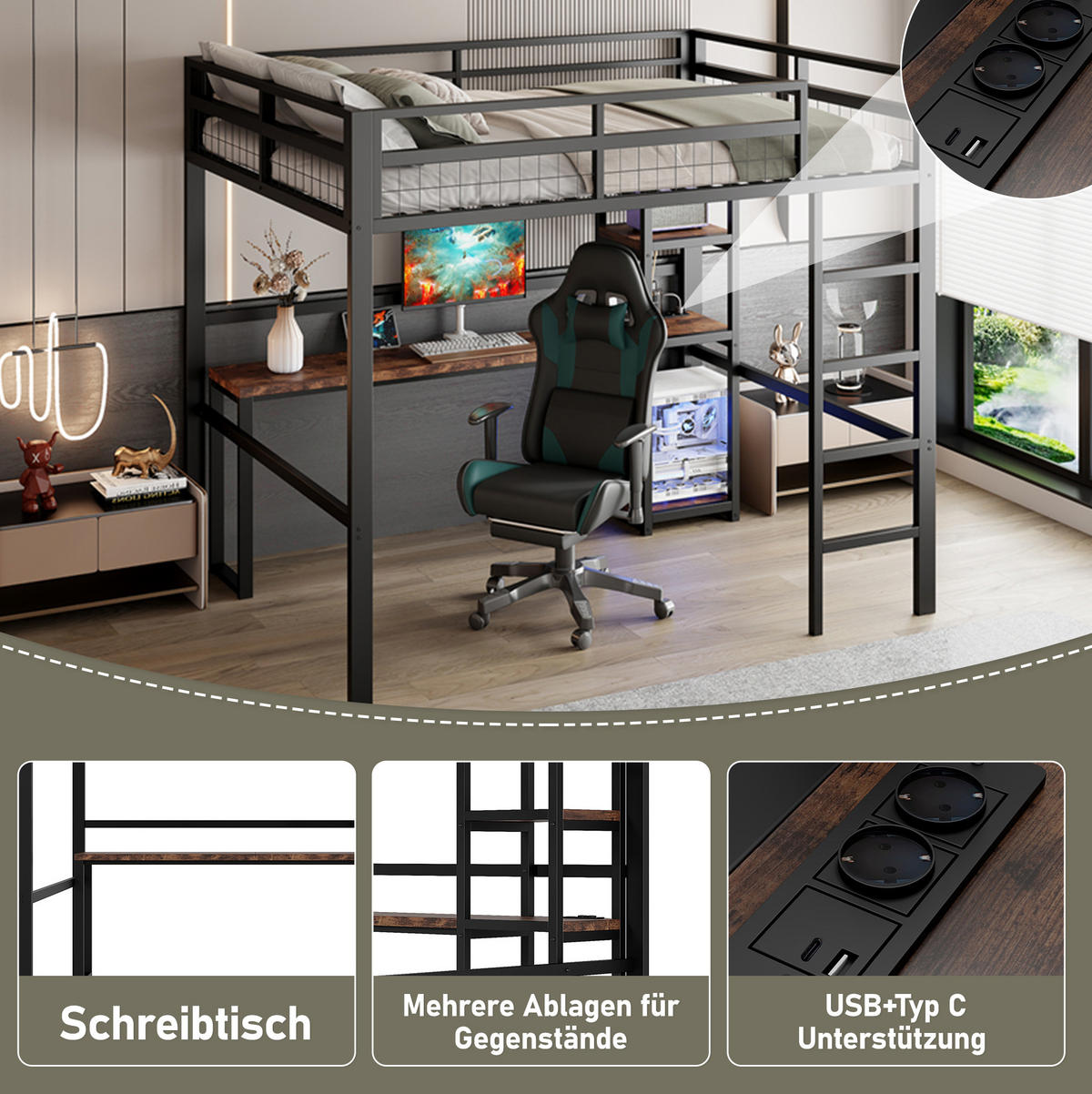 HOCHBETT 140/200 cm aus Metall mit Schreibtisch, Regalen und USB- und Type-C-Anschlüssen - Schwarz, Metall (140/200cm) - Flora Grace
