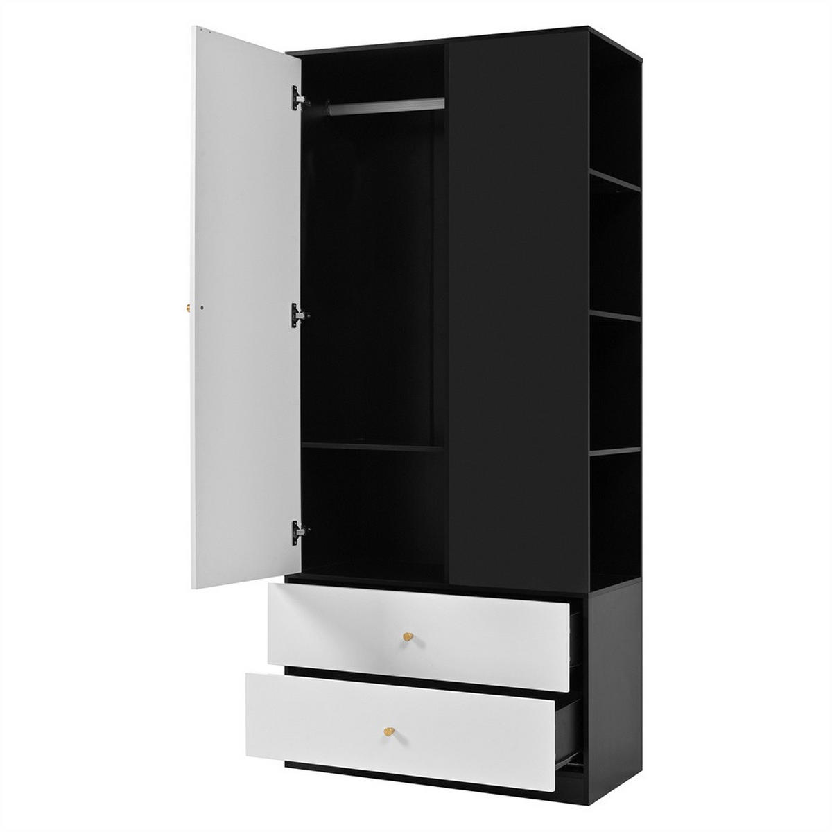 KLEIDERSCHRANK mit Spiegel und einer Tür - 2 Schubladen & 4 Fächern - 80x40x180 cm - Weiß & Schwarz - Schwarz, Holzwerkstoff (80/180/40cm) - DELFA