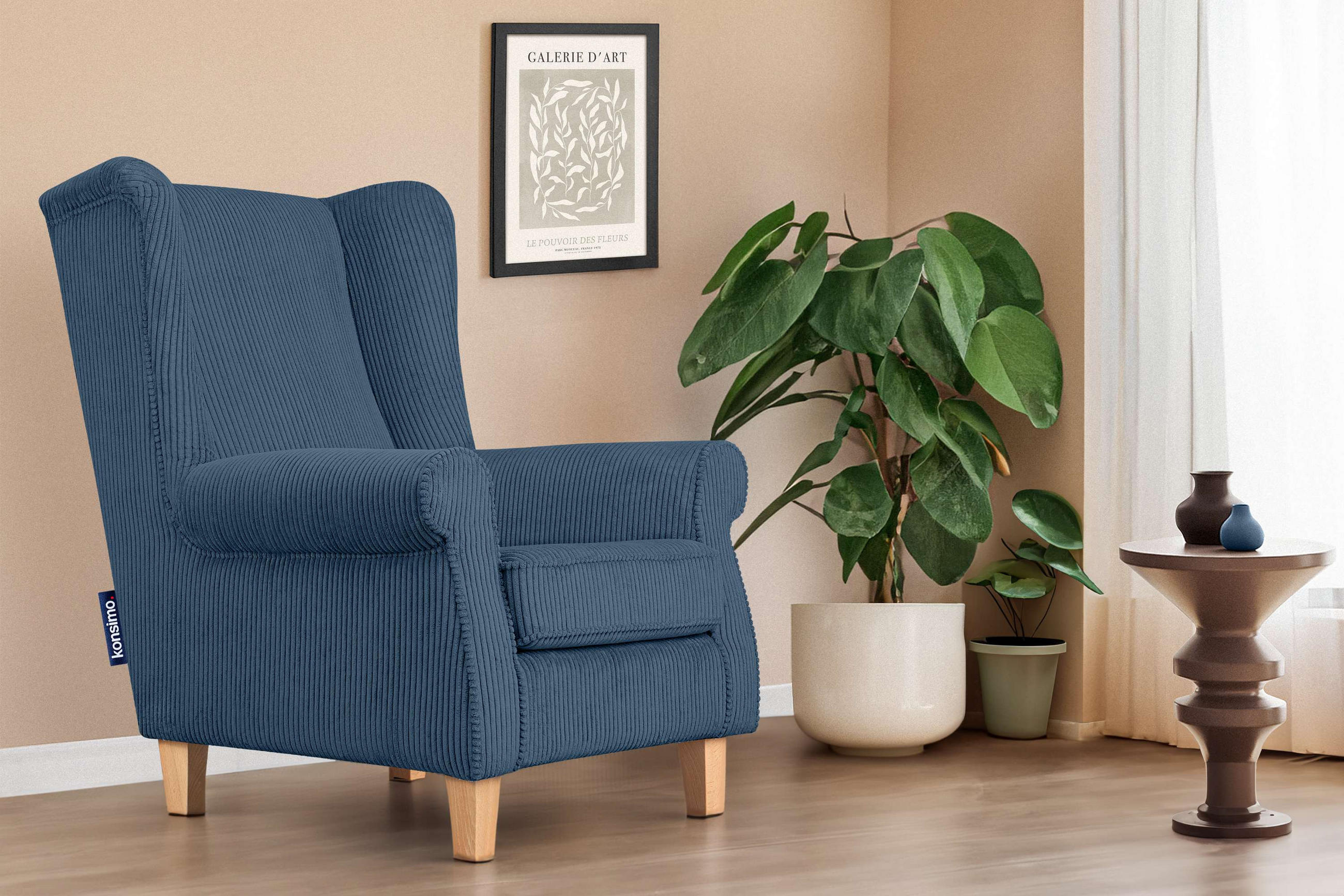 OHRENSESSEL MILES Kord-Bezug Petfriendly, dunkelblau - Dunkelblau, Holzwerkstoff/Buchenholz (82/105/97cm) - KONSIMO®