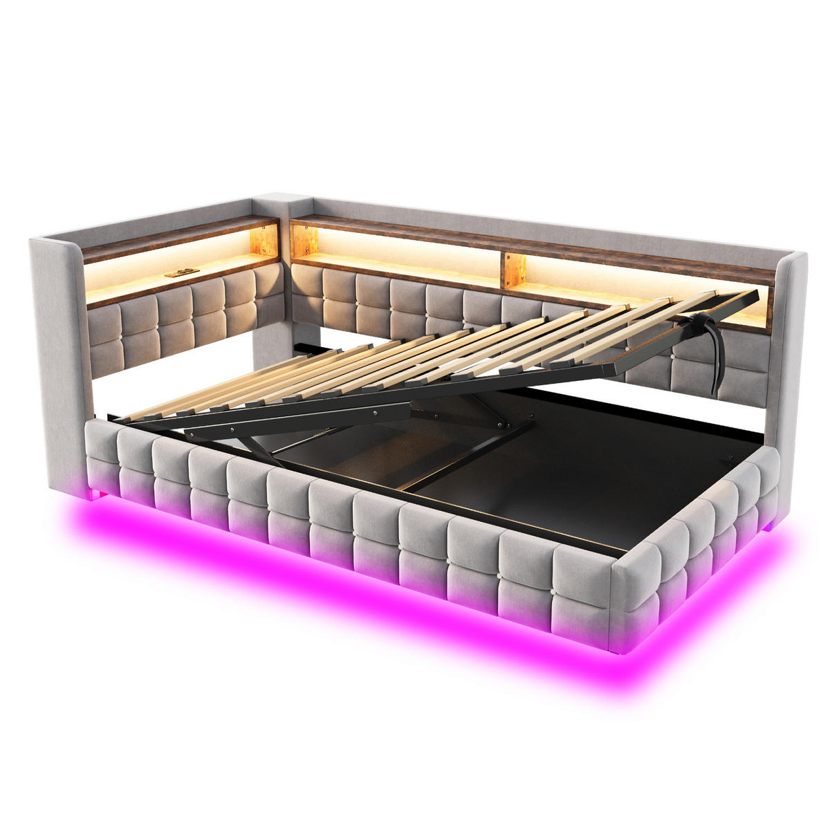 POLSTERBETT 90/200 cm aus Samt mit LED-Licht und Stauraum, Hellgrau - Hellgrau, Textil (90/200cm) - OKMYHOME