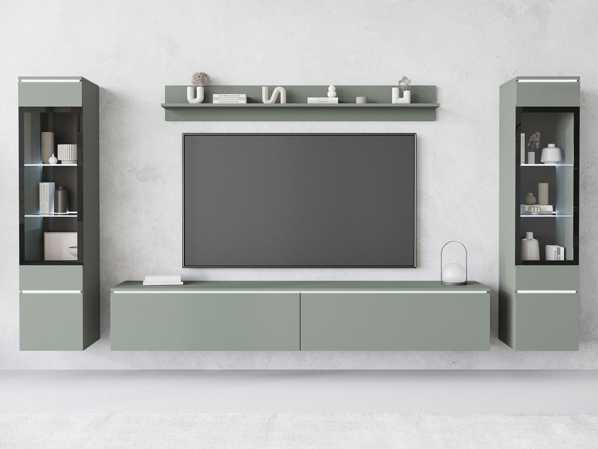 WOHNWAND Vera II mit weißer LED Beleuchtung - Grün, Holzwerkstoff (30/130/33cm) - MIRJAN24