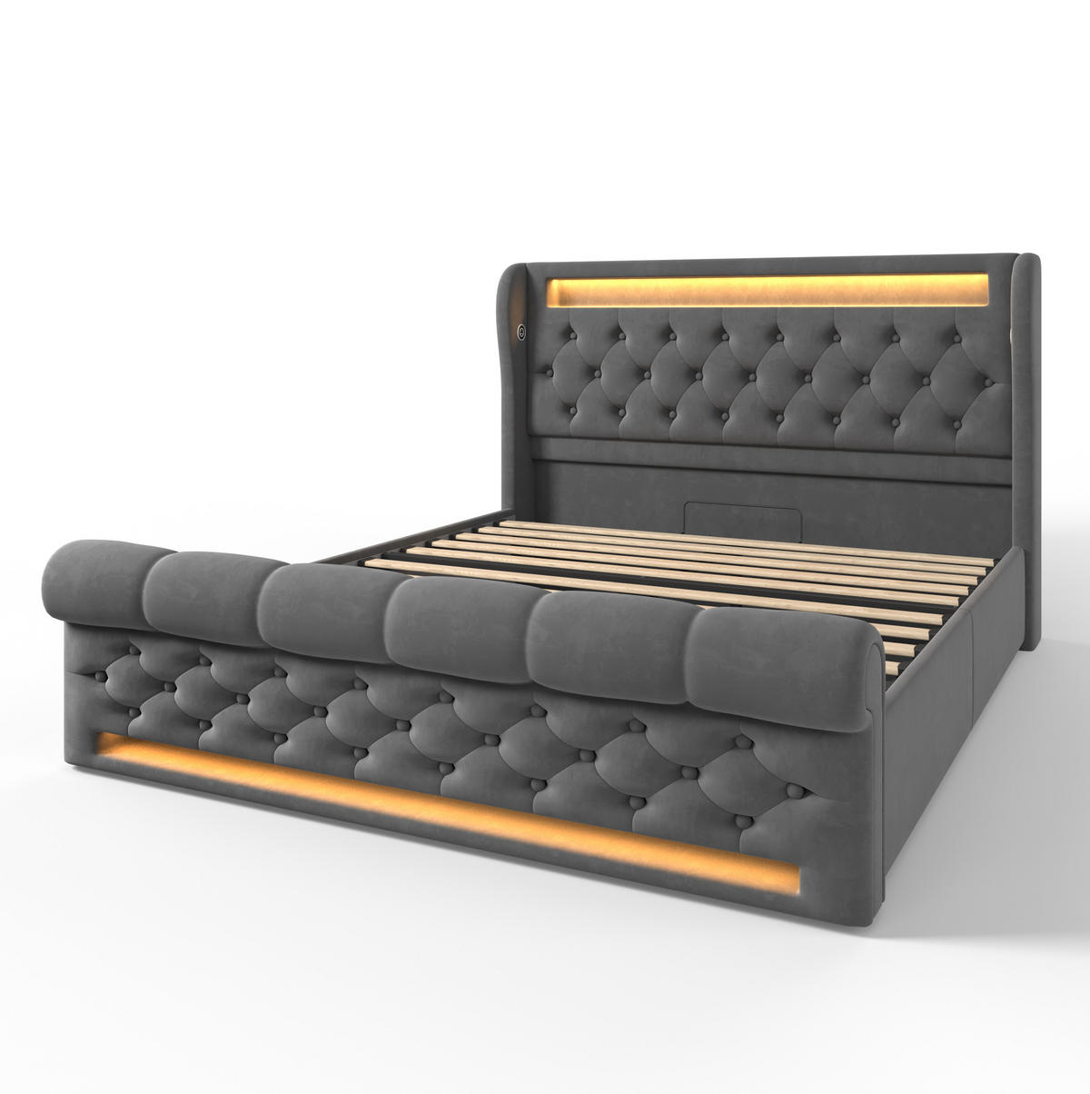 SAMT-POLSTERBETT 140/200 cm mit LED-Beleuchtung, Bettkasten und USB/Type-C - Grau, Textil (140/200cm) - BEAOK