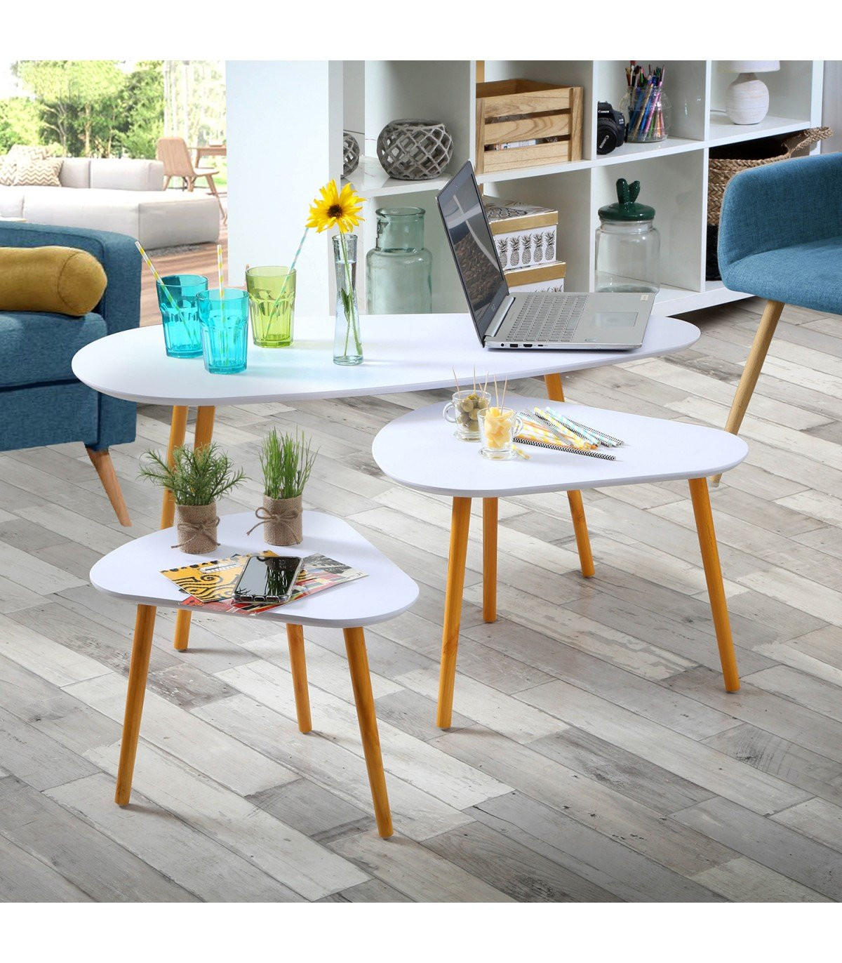 BEISTELLTISCH in weiß und in Holzoptik - 3er set - 103/50/42 cm - Weiß, Holzwerkstoff (103/50/42cm) - Calicosy