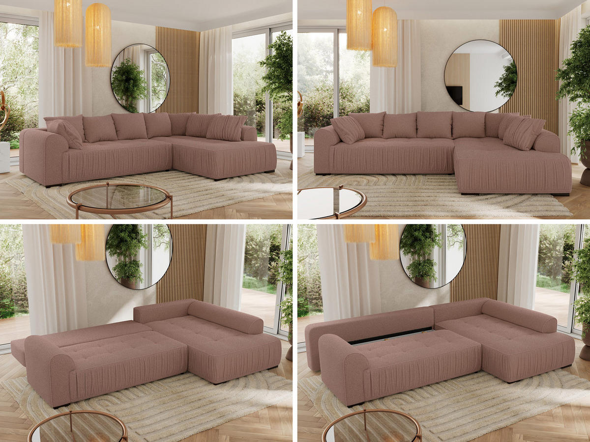 ECKSOFA ORTA Rosa Boucle - Rechts - Schwarz/Rosa, Textil (200/325cm) - MKS