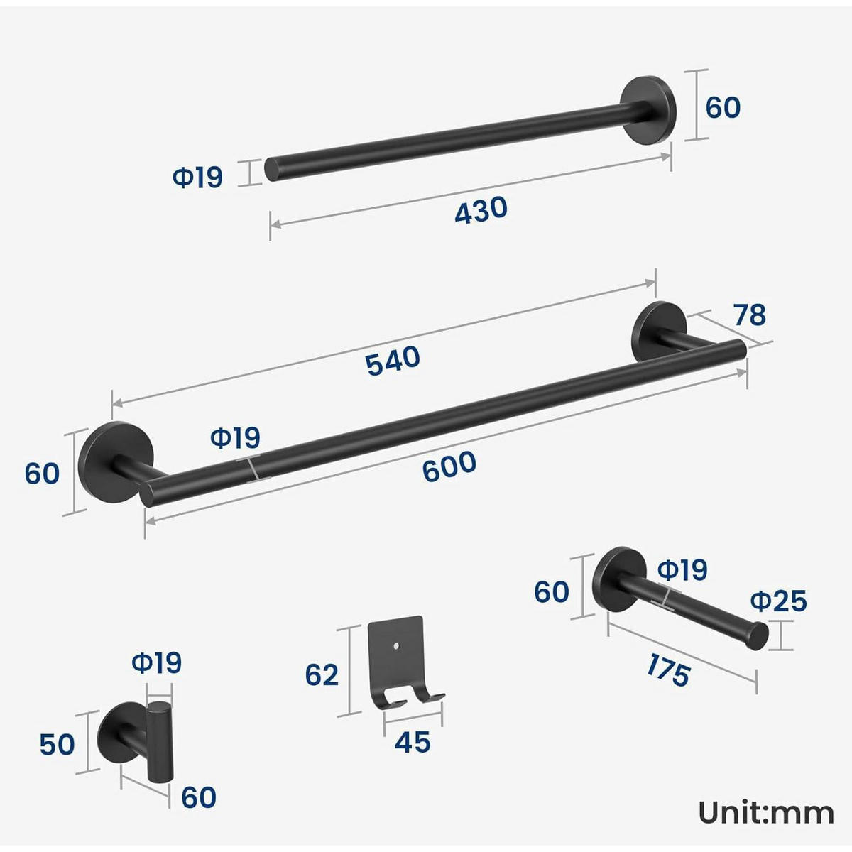 BADEZIMMER-SET 7-teilig Edelstahl Schwarz - Schwarz, Metall (7.5/66/15cm)