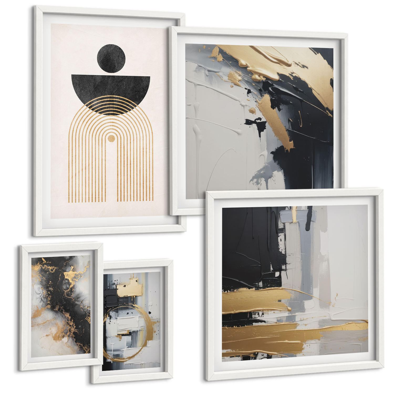 BILDER SET 5er Set - 50x50 cm & 20x30 cm & 40x60 cm Weißer Rahmen - Abstrakte Geometrie-Komposition - Weiß, Kunststoff (40/60cm) - TULUP