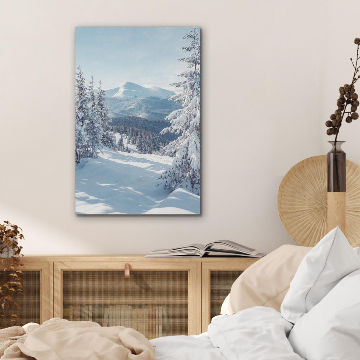 AKUSTIKBILD Winterlandschaft - Natur - Berge - Bäume - Schnee Kunstdruck Schlafzimmer 50x70 cm - Hellblau, Kunststoff (50/70/0.9cm) - MuchoWow