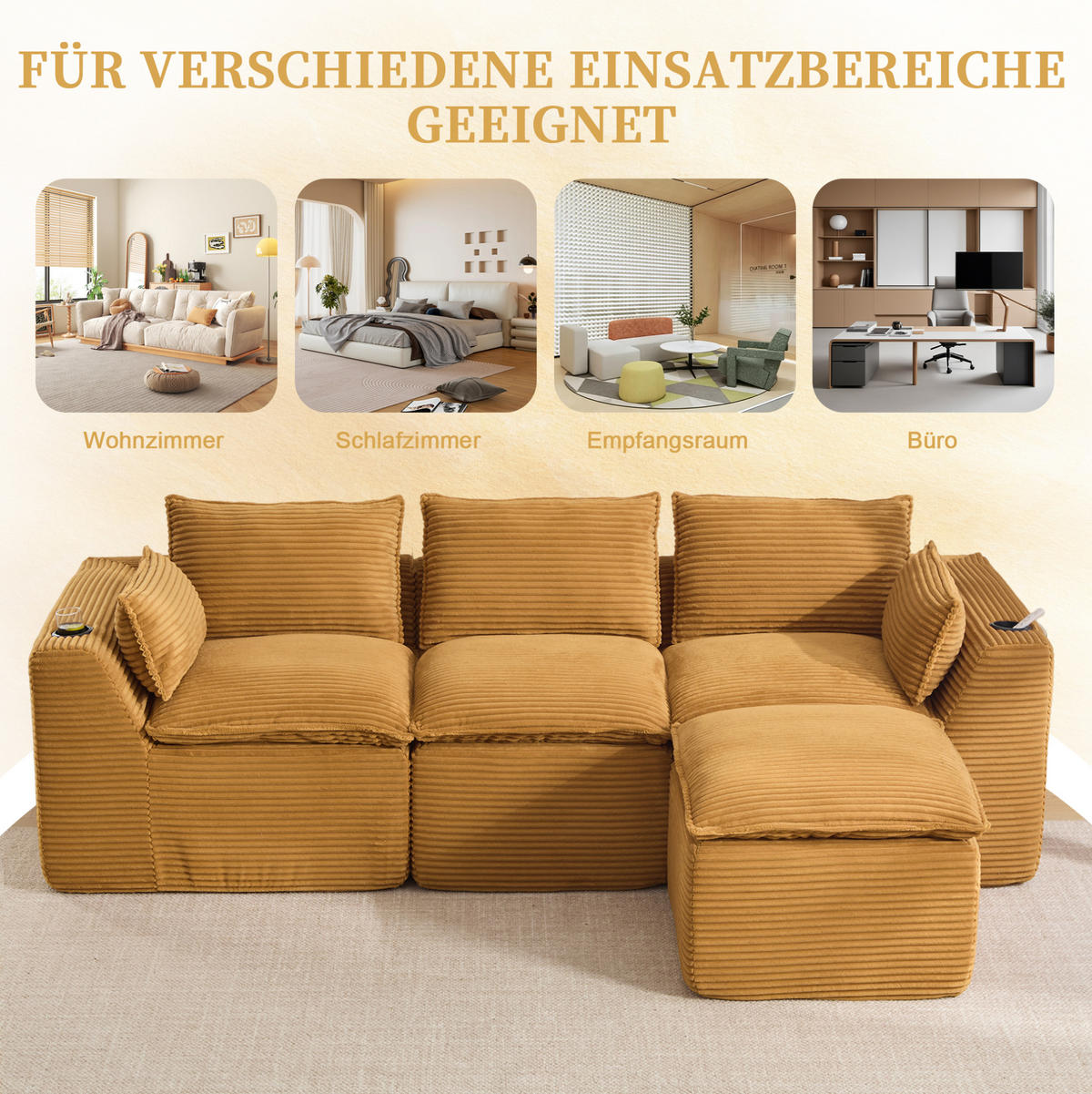 ECKSOFA 256/161/75 cm Orange aus Cord mit Kissen und Seitentaschen - Orange, Textil (161/256cm) - OKWISH