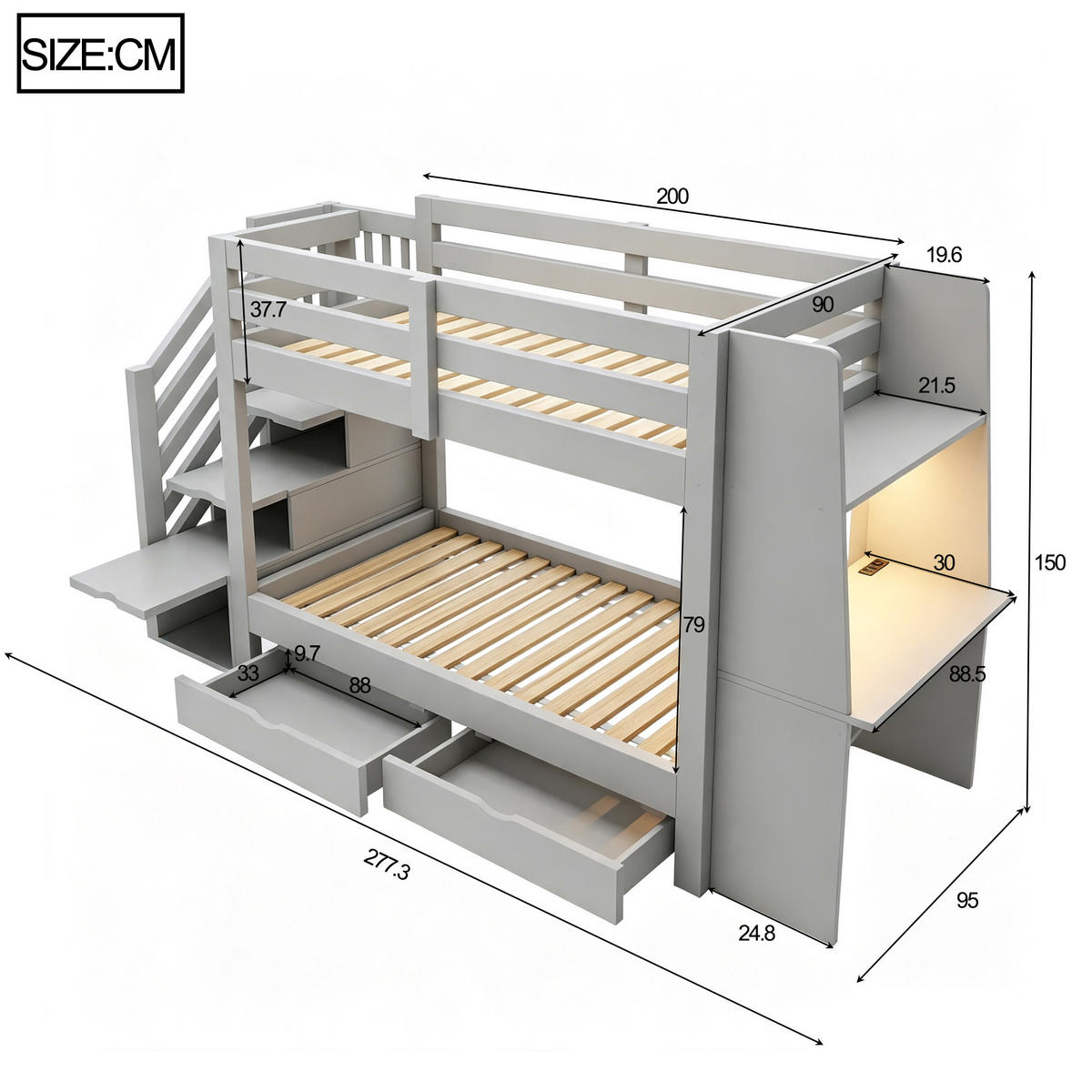 ETAGENBETT 90/200 cm mit Schreibtisch und LED, DE-41592, in Grau - Grau, Holzwerkstoff (90/200cm) - ComfortXL