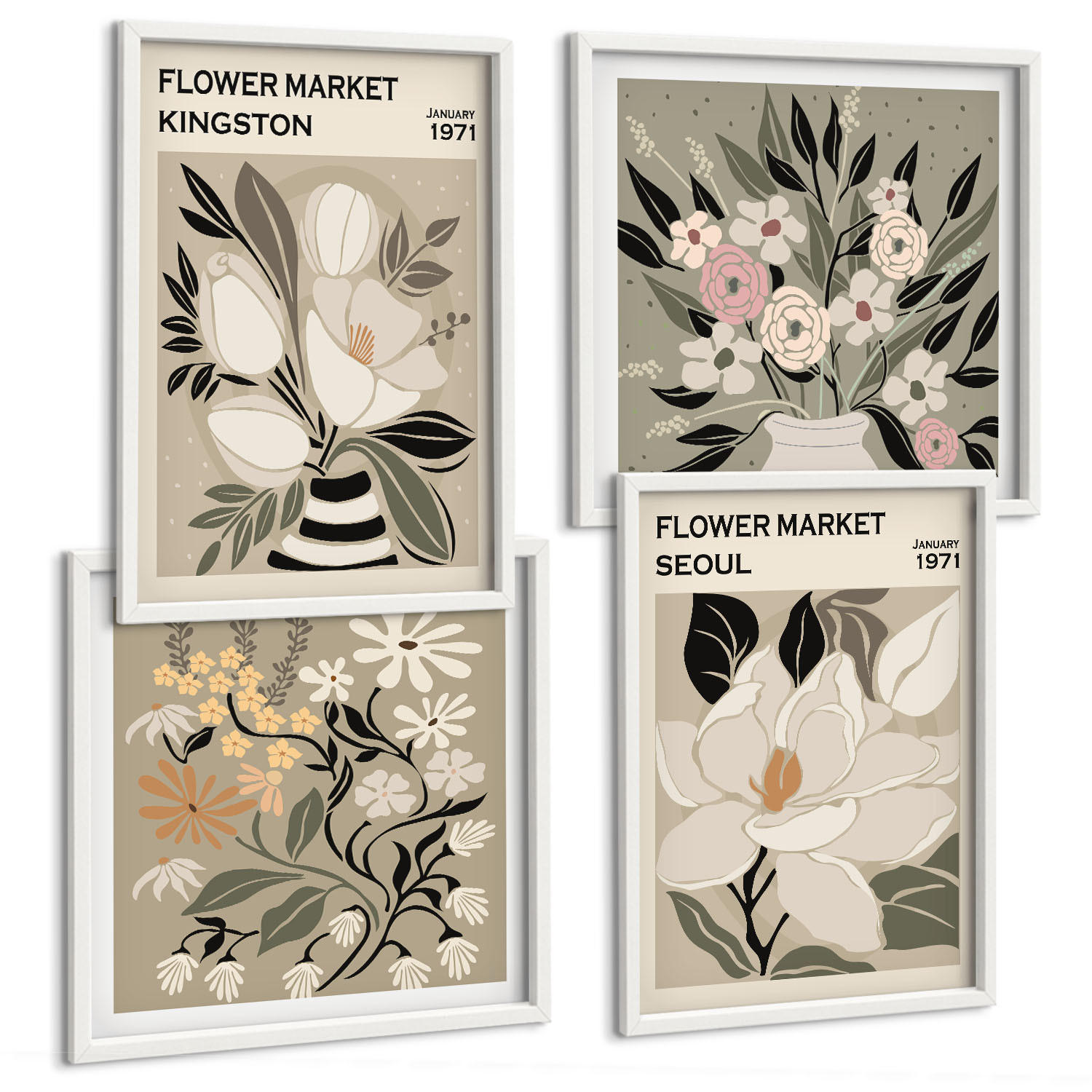 BILDER SET 4er Set - 50x50 cm & 40x60 cm Weißer Rahmen - Retro-Blumen aus Städten rund um die Welt - Weiß, Kunststoff (50/50cm) - TULUP