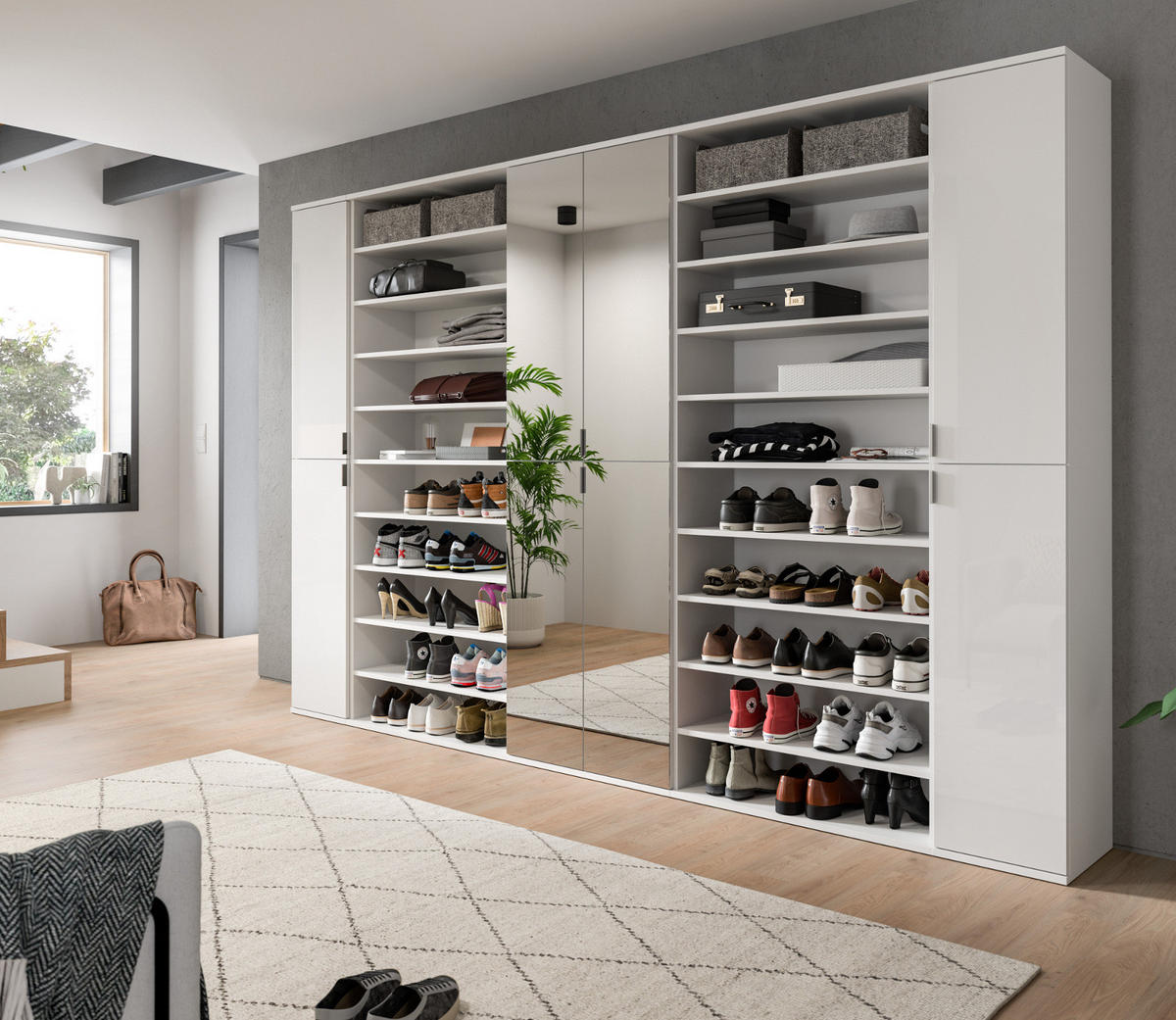 GARDEROBENSCHRANK mit Spiegltüren, weiß Hochglanz 281 cm, Schuhschrank XXL - Chromfarben/Weiß Hochglanz, Glas/Holzwerkstoff (281/193/34cm) - Inn.Furn