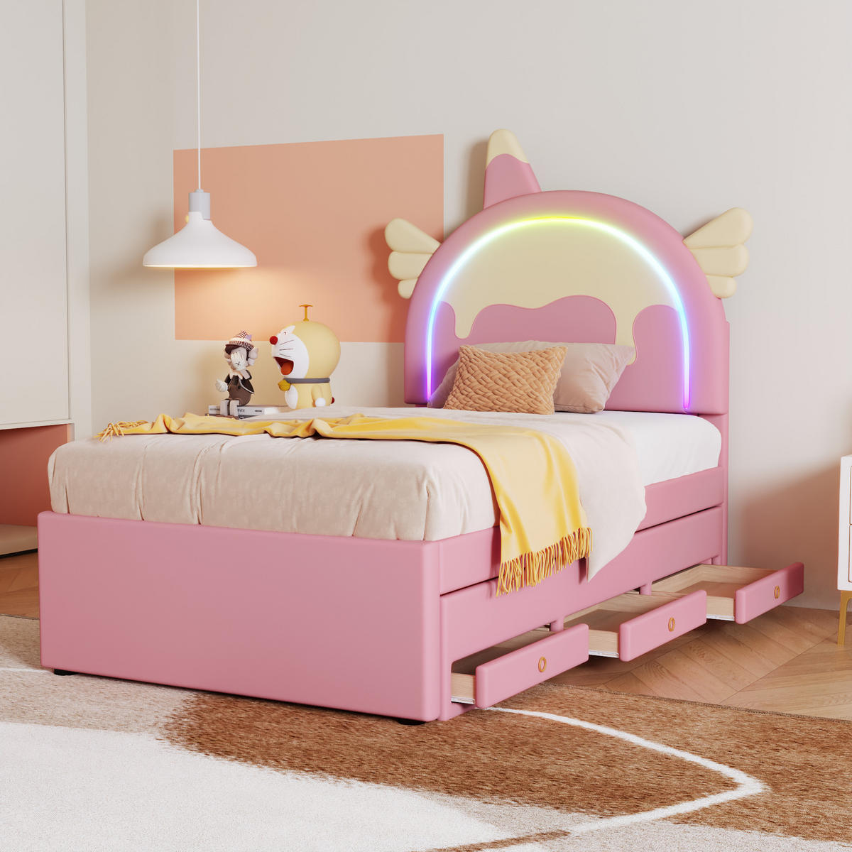 KINDERBETT 90x200cm Rosa Cartoon Einhornform mit Rollbett PU - Pink, Holz (90/200cm) - FLIEKS