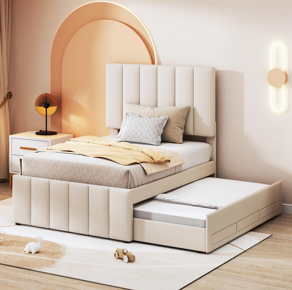 POLSTERBETT 90/200 cm Beige mit Ausziehbett und 3 Schubladen höhenverstellbares Kopfteil - Beige, Textil (90/200cm) - OKWISH