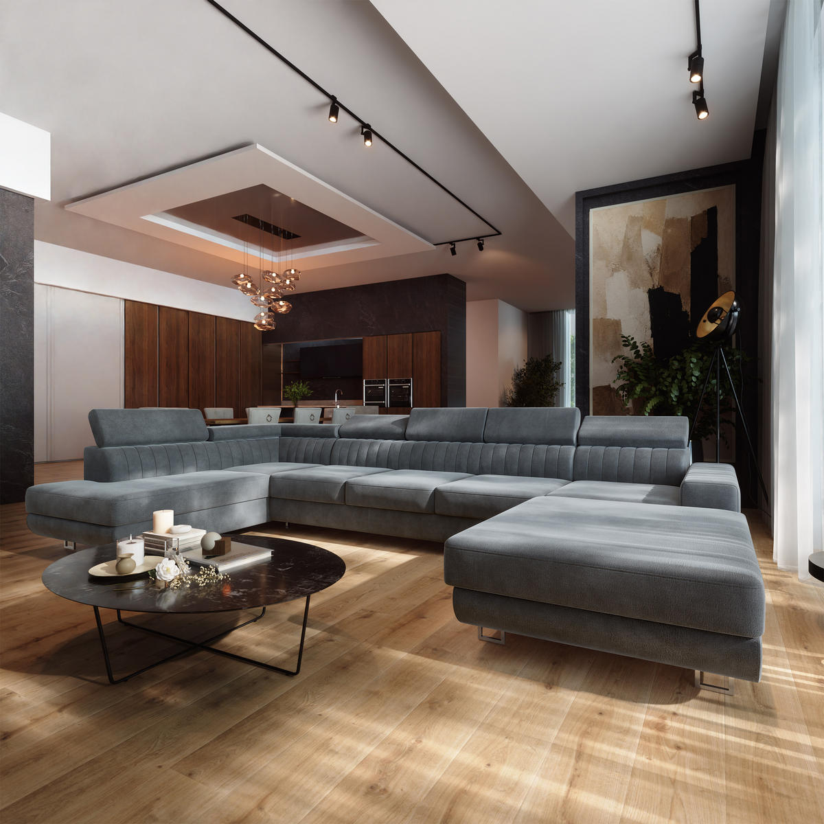 WOHNLANDSCHAFT GAIAN Grau Velours-Stoff mit Schlaffunktion - Grau, Holz (412/88/190cm) - MASSENO