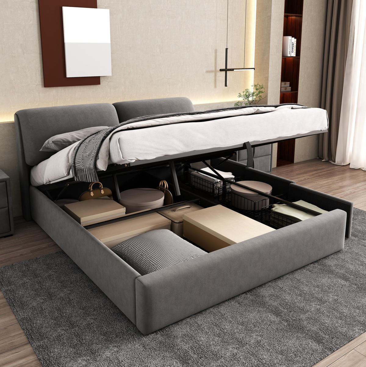 POLSTERBETT 160/200 cm aus Samt mit Stauraum und verstellbarem Kopfteil Grau - Grau, Textil (160/200cm) - Modenvie