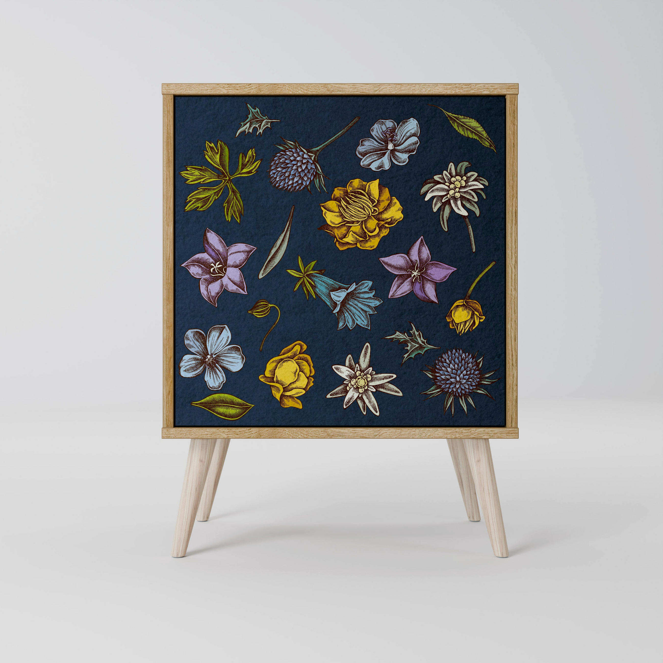 SIDEBOARD FLOWERS ON NAVY BLUE, Eichefarben, 57,5x42x77,5 cm, Schräge Buchenholzfüße - Eichefarben/Buchefarben, Holzwerkstoff/Buchenholz (57.5/77.5/42cm) - SpaceRebels