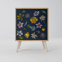 SIDEBOARD FLOWERS ON NAVY BLUE, Eichefarben, 57,5x42x77,5 cm, Schräge Buchenholzfüße - Eichefarben/Buchefarben, Holzwerkstoff/Buchenholz (57.5/77.5/42cm) - SpaceRebels