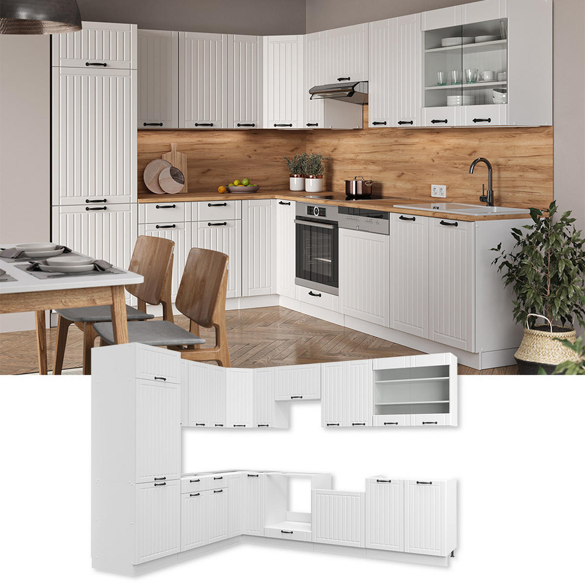 ECKKÜCHE Fame-Line Weiß Landhaus/Weiß 227 x 287 cm, AP Marmor - Creme/Weiß, Holzwerkstoff (287/81.6/60cm) - Vicco