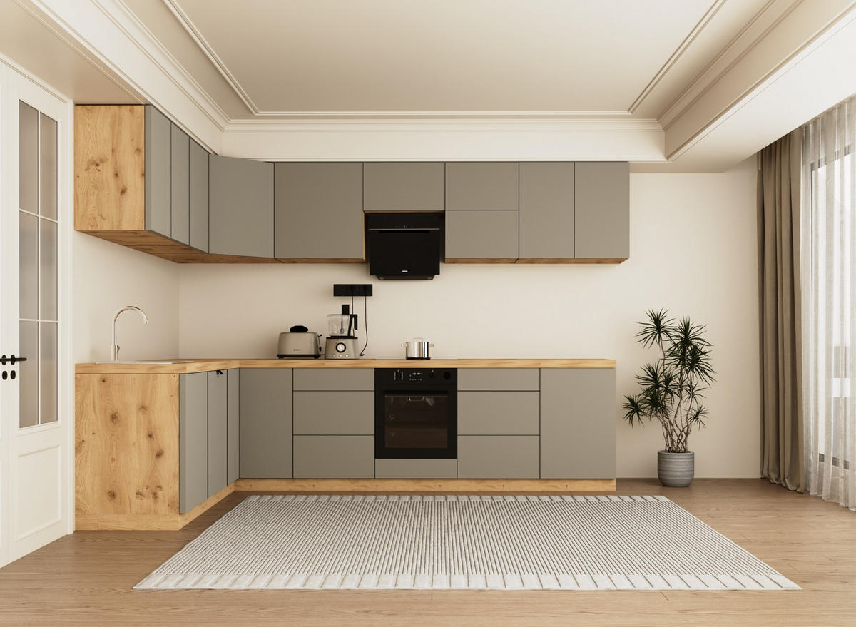 WINKELKÜCHE 320cm x 200cm- Langen KL15-M320 - in Beige/Matt - Beige, Holz (520/212/52cm)