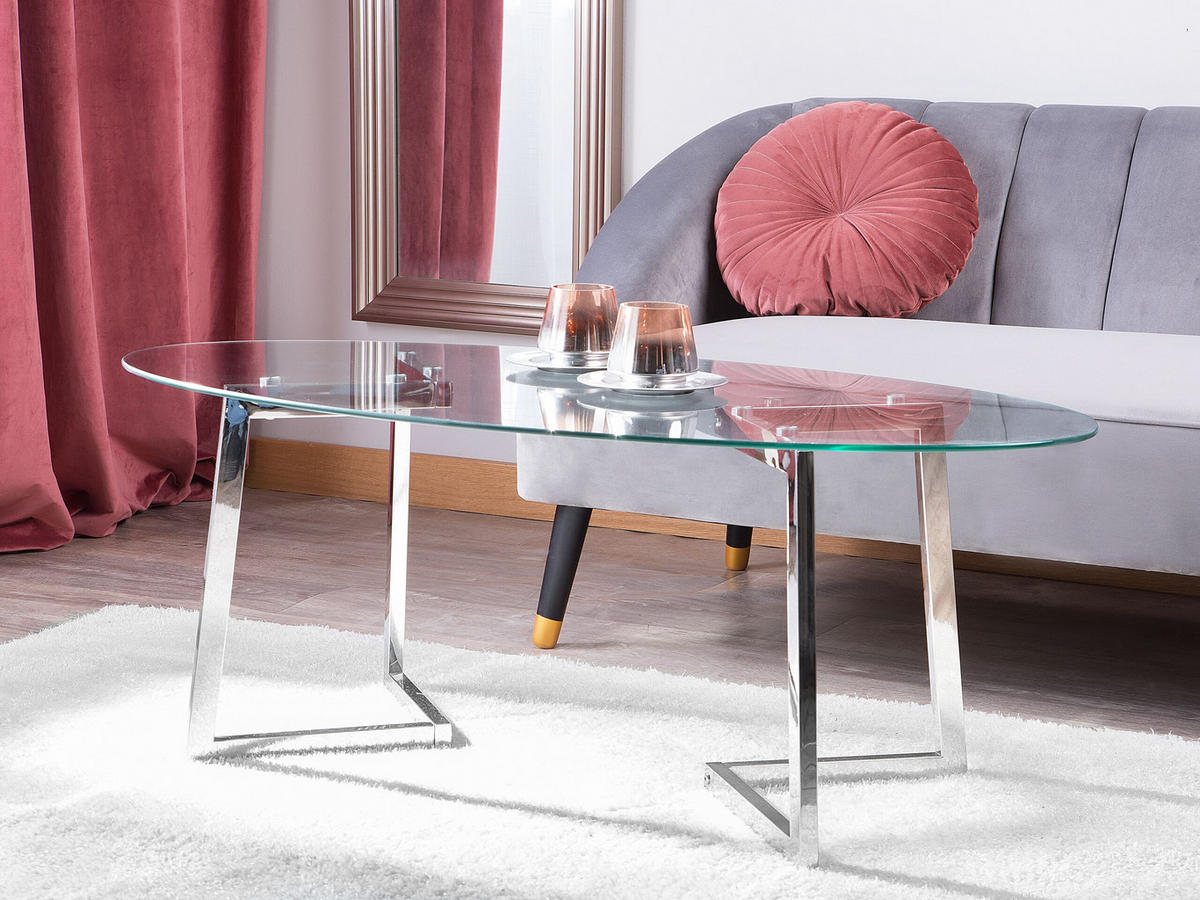 COUCHTISCH Glas Silber oval Fresno - Transparent/Silberfarben, Glas (60/120/45cm) - Beliani