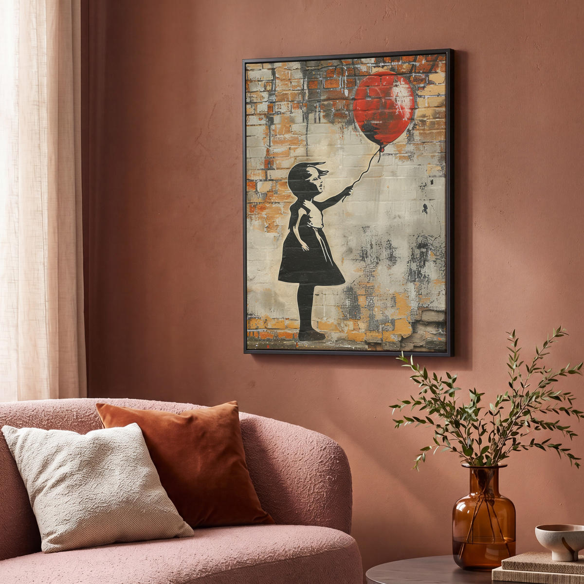 LEINWAND Bilder mit Rahmen - Graffiti - Banksy - Mädchen - Straßenkunst - 70x100 - Sandfarben, Textil (70/100cm) - MuchoWow