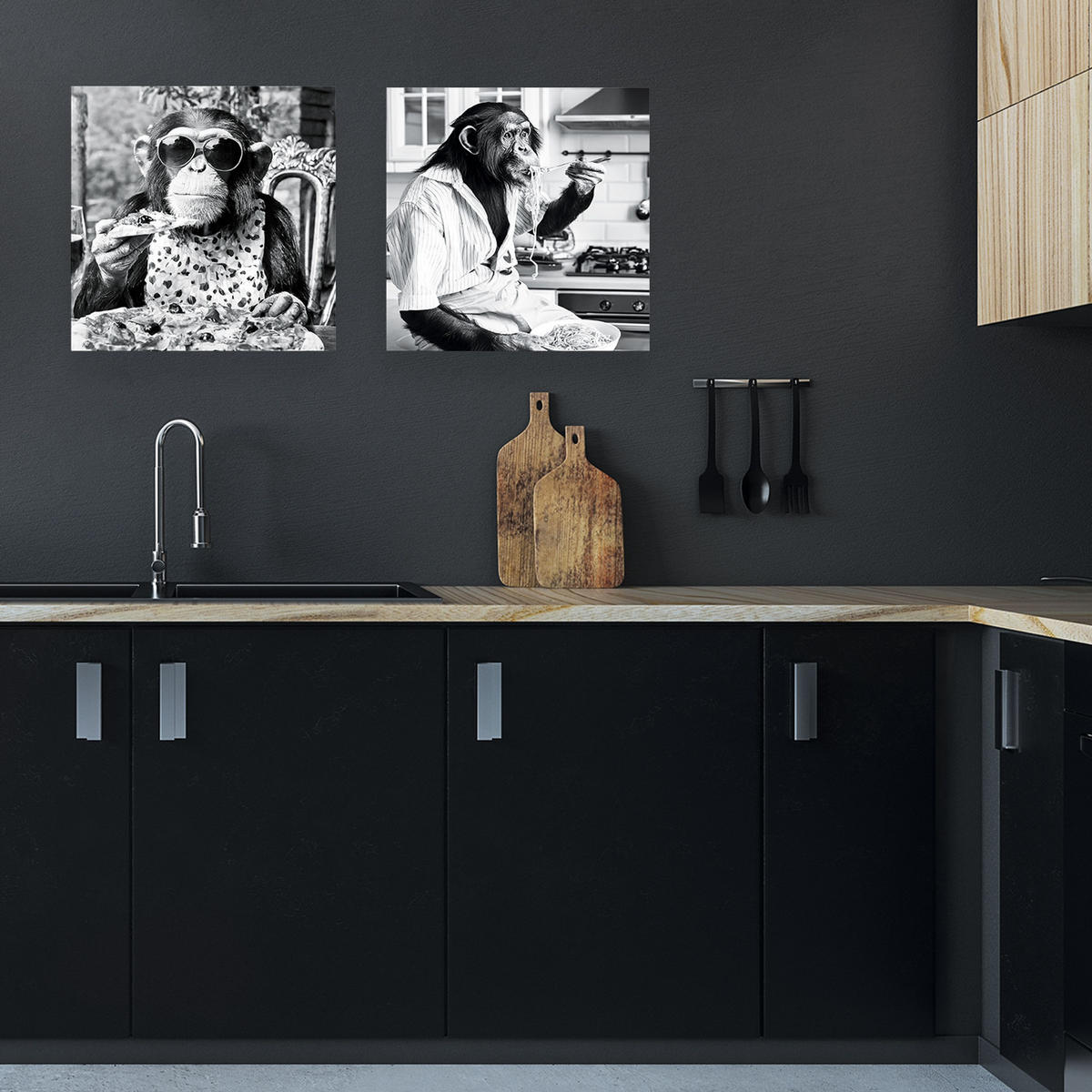GLASBILD 50x50 cm Küche Affe schwarz weiß - Schwarz/Weiß, Glas (50/50cm) - artissimo