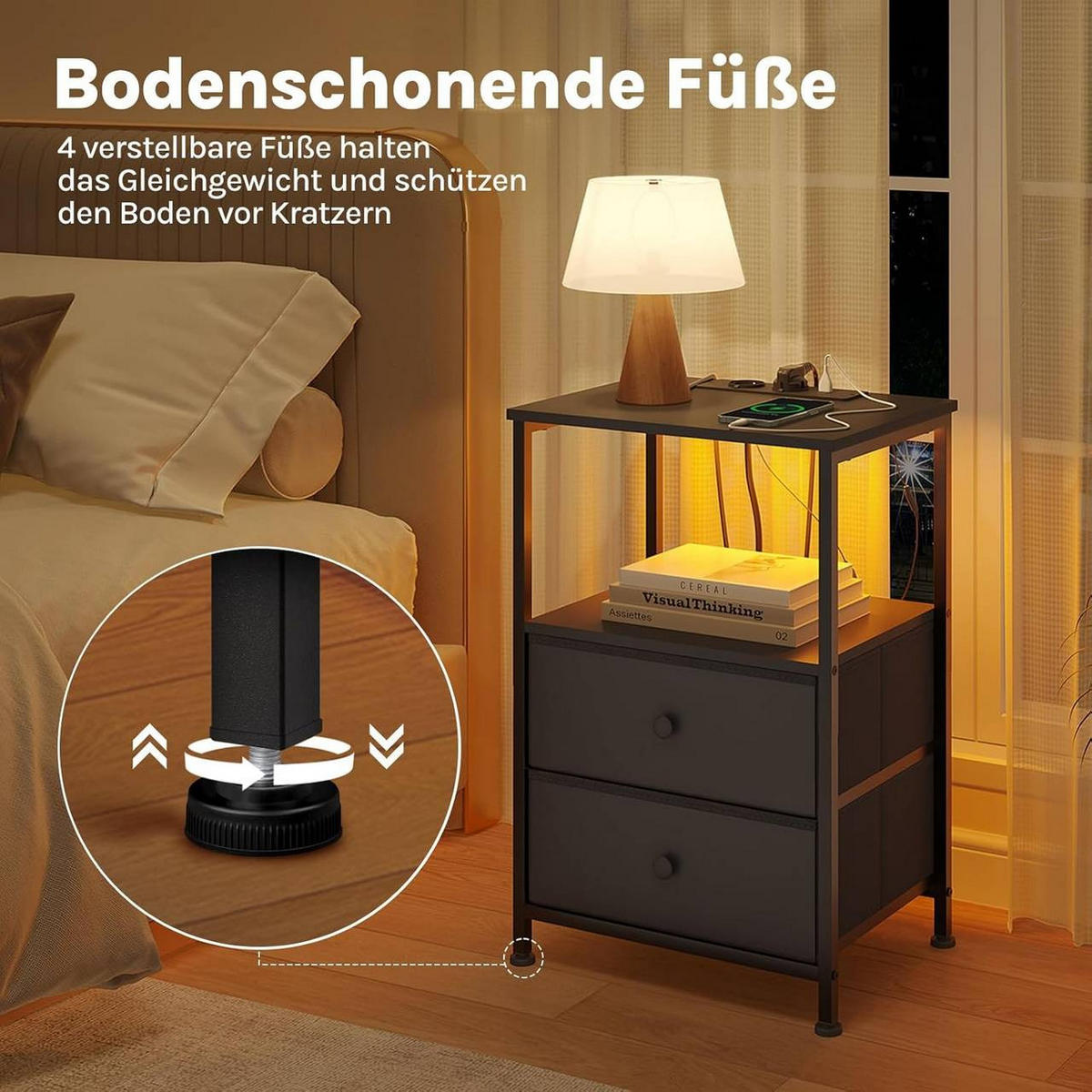 NACHTTISCH 2er Set, mit Ladefunktion, 2 Schubladen, Schwarz - Schwarz, Holzwerkstoff/Textil (40/60/30cm) - Woltu