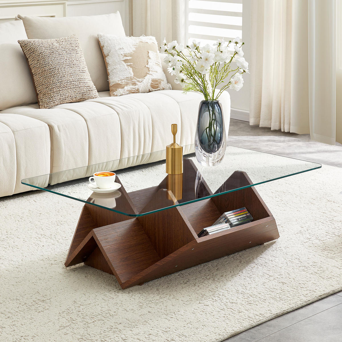 COUCHTISCH 103/63/33 cm mit Glasplatte, offenen Ablagefächern und MDF-Gestell in Walnussoptik, Walnuss - Walnussfarben, Holzwerkstoff (103/63/33.5cm) - Redom