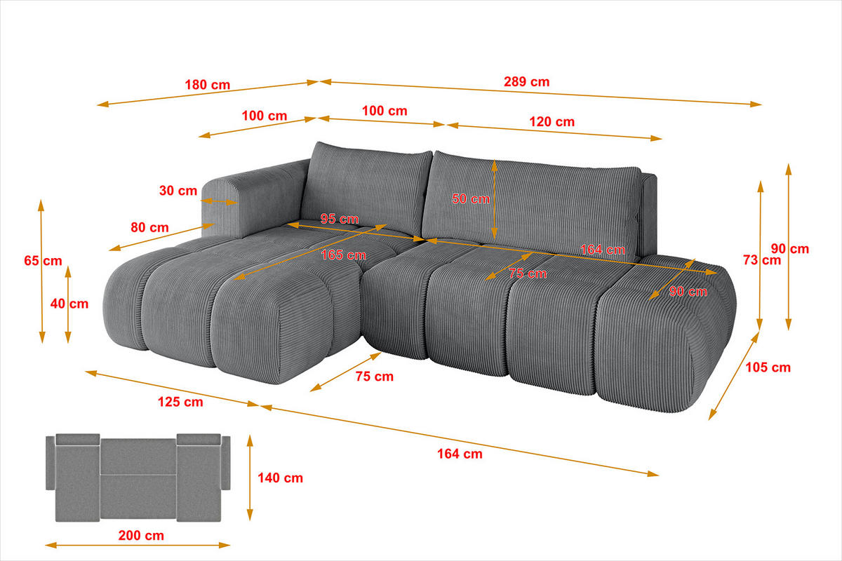 ECKSOFA Ottomane Links CLOUD-L 289x180x40 Dunkelgrau Cord - Dunkelgrau, Holzwerkstoff/Kunststoff (180/289cm) - ALTDECOR