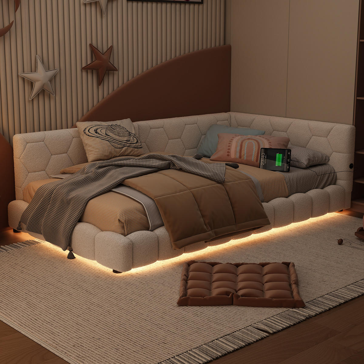 POLSTERBETT 90/200 cm Weiß mit USB- und Type-C-Anschlüssen und LED-Beleuchtung - Weiß, Textil (90/200cm) - OKWISH