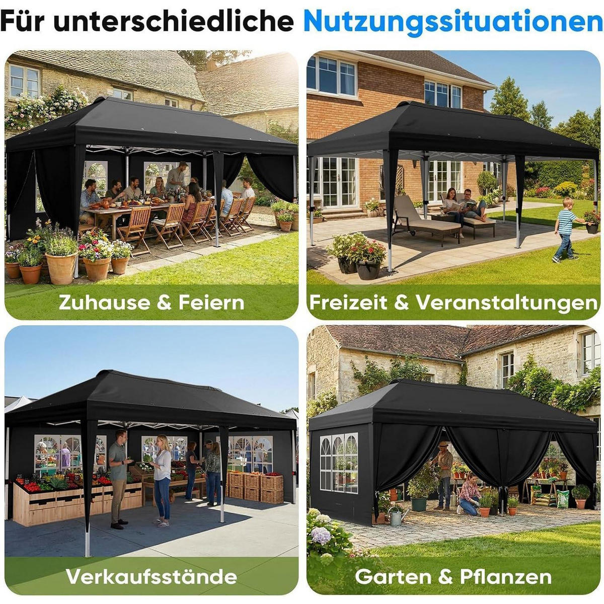 FALTPAVILLON 3x6m mit Seitenwänden Schwarz Metall - Schwarz, Metall (585/285/293cm)