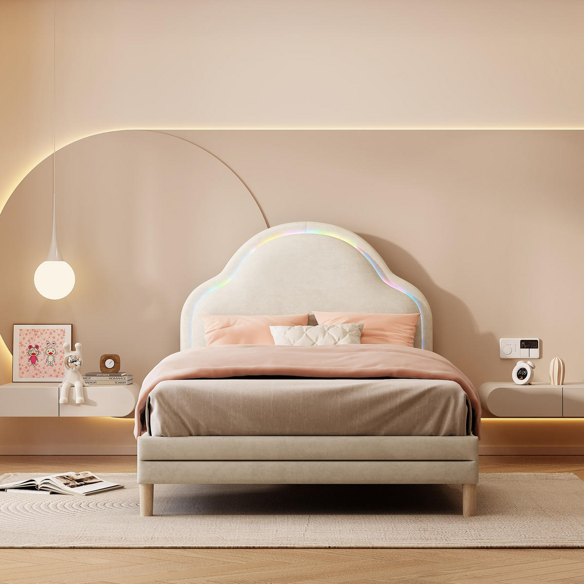POLSTERBETT 90/200 cm Beige mit wolkigem Kopfteil und LED-Beleuchtung aus Samt - Beige, Textil (90/200cm) - OKWISH