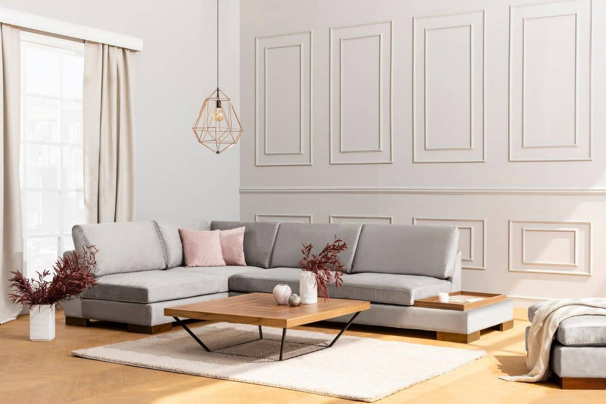 ECKSOFA mit Hocker und Lounge-Design - Walnussfarben/Hellgrau, Holz/Textil (313/193cm) - myHomelando