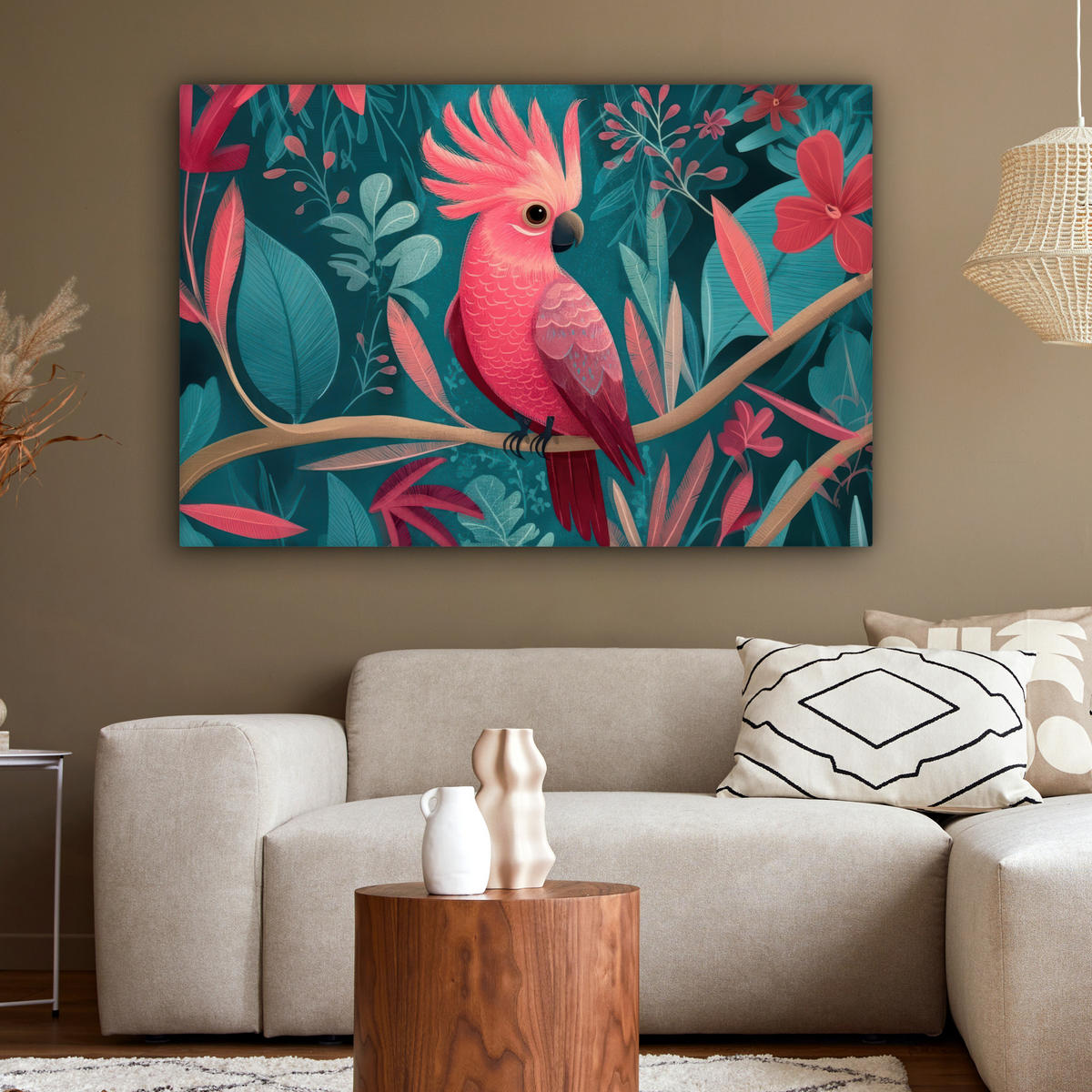 LEINWANDBILD Kakadu - Tropische Blätter - Zweig XXL 150x100 cm - Petrol, Textil (150/100cm) - MuchoWow